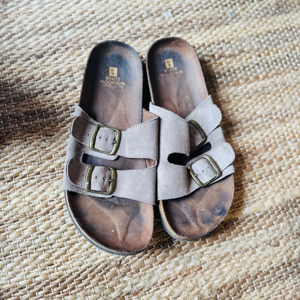White Mountain Footbeds Sandals Womens 9M Tan Leather Strap Buckle GREAT